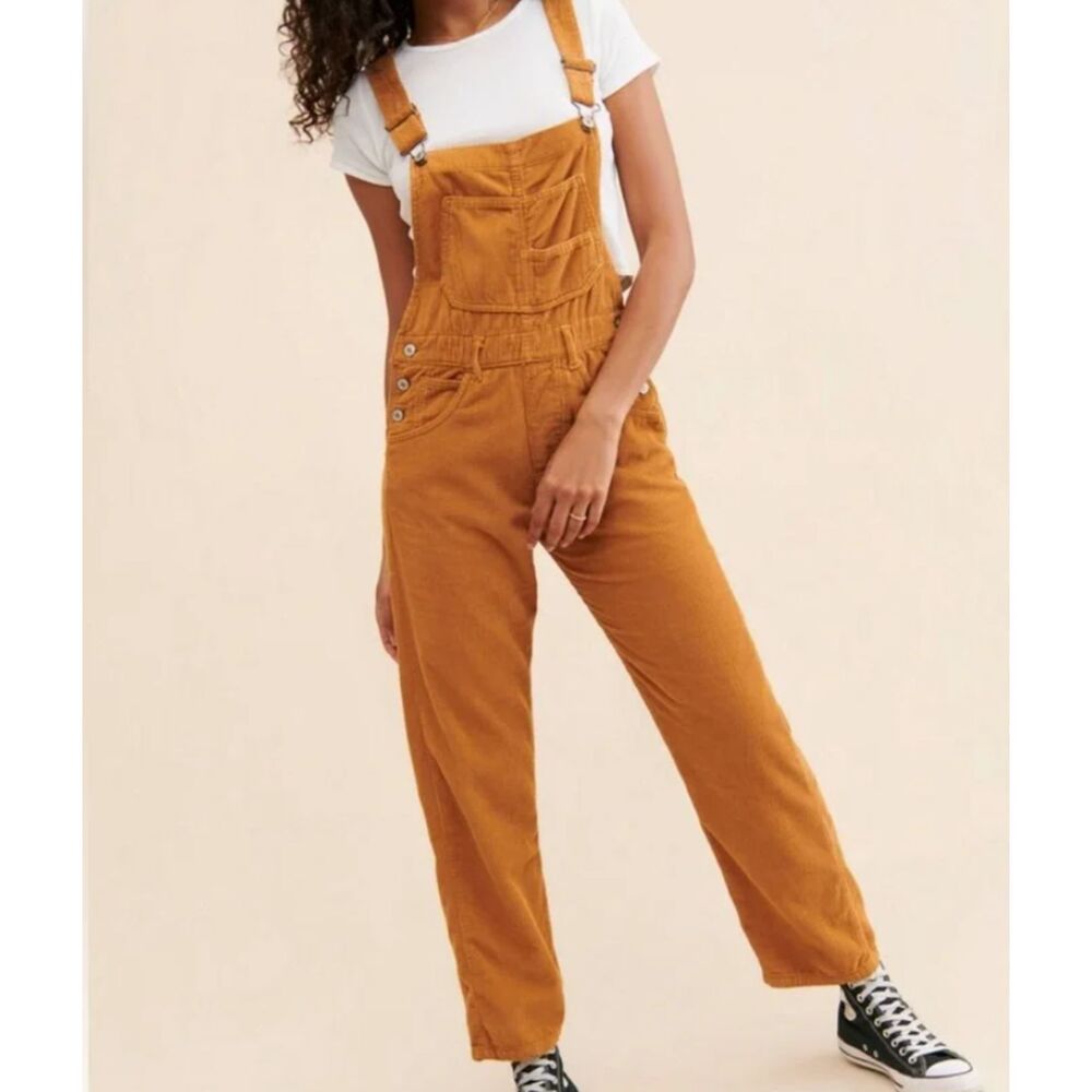 We the Free Free People Tan Ziggy Corduroy Straight Leg Overalls Sz S